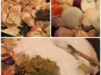 step1: 雞腿切塊, 下鍋少許油煎至表面上色後, 加入蔬菜類ㄧ起翻炒