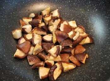 step6: 製作香菇滷肉：起油鍋加入蔬菜油，小火將香菇丁煸至金黃