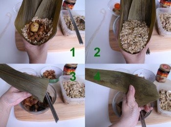 step9: 接著放入五花肉、香菇、鹹蛋黃(或栗子)、乾蝦仁及菜脯等料，蓋上糯米及花生米，稍壓緊實，左手要緊緊維持粽子的形狀，但不能太過用力，右手將上方粽葉往下折，做出角的形狀，之後將多餘的粽葉往左或右折。