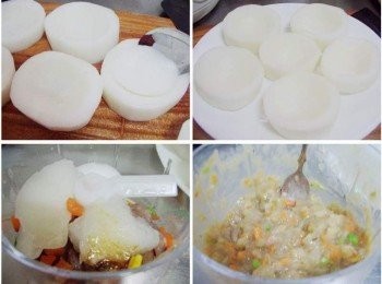 step2: 將白蘿蔔去皮後ˊ分成6小段ˊ然後用順手工具挖成凹槽狀ˊ 將三色蔬菜2大匙ˊ蝦仁約100gˊ和挖下的白蘿蔔ˊ 加上<span class="group_2">蝦泥<span class="group_3">調味</span></span>用調理器打成泥狀ˊ(顆粒可保留些較有口感)