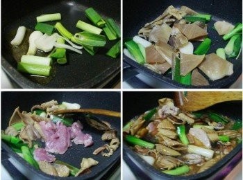 step2: 熱鍋後放入1茶匙油ˊ先爆炒香蒜白ˊ 然後依序將魷魚和肉片略為拌炒過油ˊ並嗆入1茶匙米酒提香ˊ 接著加入螺肉罐頭1/2罐湯汁