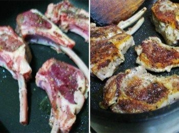step3: 鍋子略為燒熱ˊ不用放油ˊ直接擺入醃漬好羊小排ˊ 將雙面表層煎至金黃焦香