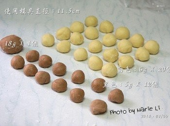 step3: 醒好的麵糰依比例量秤分割備好

依照烘友 ( Joyce Kun ) 的食譜比例
她使用的是直徑 8.5cm 的足球模
可是我使用的碗直徑是 11.5cm
所以我自行增加了一點份量

直徑 11.5cm 的足球麵糰切割比例如下：

黑色麵糰：18g - 1個、5g - 12個
白色麵糰：6g - 20個

仔細將以上的份量準備好備用‧‧‧