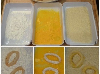 step3: 然後依次序將魷魚圈均勻地沾上粟粉、蛋漿和麵包粉。