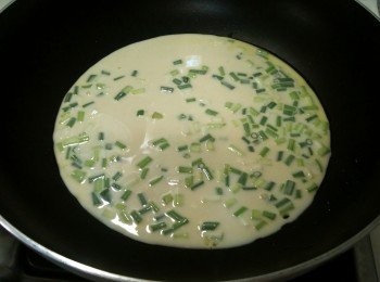 step4: 平底鍋裡倒入少許油，開小火，倒入麵糊，讓平底鍋跳個扭扭舞，使麵糊平均躺在平底鍋裡（以免受熱不均），蓋上鍋蓋，以中火慢煎。