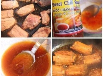 step1: 排骨川燙過, 用<span class="group_2">滷汁</span>煮40分鐘至軟嫩