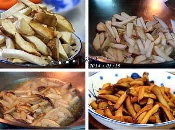 step2: 將杏鮑菇切成粗條狀
不要切太細，否則煮過後會縮

起油鍋至油熱，杏鮑菇下鍋乾炸
開中火讓它慢慢炸，適當地去做翻炒以免焦黑
炸至杏鮑菇看起來乾縮即可起鍋