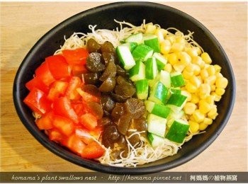 step6: 將番茄、小黃瓜、玉米粒與黑木耳QQ圓，擺放在米粉上。