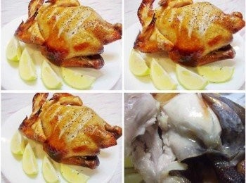 step8: PS:如果烤的過程ˊ雞肉以達所需上色效果ˊ 怕雞烤焦了ˊ可以在雞身頂部覆蓋上一層錫箔紙 這樣就不會雞皮烤焦ˊ但雞肉還烤不熟..... 肉超嫩哦ˊ還會滴肉汁耶~^^