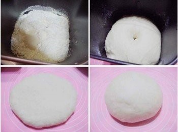 step2: 2.將所有材料ˊ(奶油除外)放入麵包機...約10分鐘後ˊ 麵團已經有筋性時ˊ再加入奶油ˊ以揉麵團程式完成麵團製作ˊ (如果沒有麵包機手揉也OK) 然後直接於麵包機內完成第1次發酵ˊ全程共1個半小時 3.發酵完成的麵團(手指沾少許高粉插進麵團ˊ不回彈表示發酵完成) 4.輕拍壓出多餘空氣 5.接著將麵團滾圓蓋上濕布或保鮮模醒15分鐘