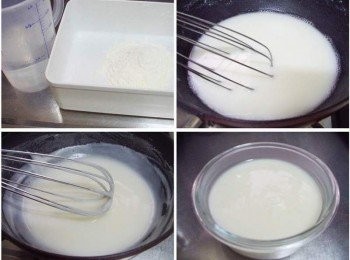 step1: 步驟1A先製作湯種麵糊:開水250cc+高筋麵粉50g...5:1的比例ˊ B用打蛋器拌勻然後放瓦斯爐以小火加溫糊化ˊ C等麵糊變濃稠開始出現漩渦狀即可熄火ˊ D室溫放涼蓋上保鮮模放冰箱冷藏 隨時要用都非常的方便....以我自己實際經驗保存4~5天都沒問題喔~ (開水想用鮮奶取代也可以哦。)