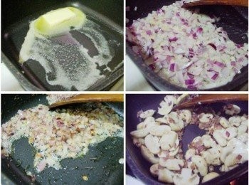 step3: 鍋內放入無鹽奶油加熱ˊ然後加入紫洋蔥丁確實炒至軟化釋放出甜味ˊ 接著加入蒜末和蘑菇拌炒入味