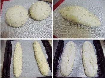 step2: 然後滾圓鬆弛10~15分鐘ˊ鬆弛好麵團塑型成橢圓狀ˊ 再從中間輕滾成長條狀ˊ麵團表面噴點水ˊ 放溫暖處進行最後發酵約35~40分鐘ˊ 完成2次發酵的麵團ˊ表面灑上少許高筋麵粉(配方份量外) 並用利的刀子沾點水於麵包表面劃出斜線ˊ 送入已經事先預熱的烤箱ˊ 230度c烘烤18~20分鐘即可