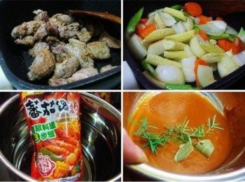 step3: 鍋內加入少許油ˊ(奶油ˊ橄欖油都可以)然後擺入處理好步驟2將牛肉表面炒至金黃焦香ˊ接著盛起ˊ用餘油拌炒香所有蔬菜ˊ (因為懶得顧爐所以直接以快鍋完成ˊ也可直接一鍋到底喔) 鍋內加入【可果美蕃茄鍋高湯500cc】擺入迷迭香和月桂葉