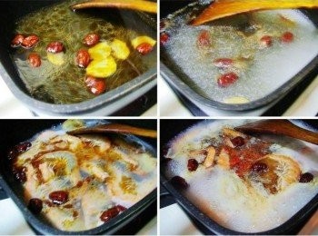 step6: 接著加入紅棗ˊ米酒ˊ酌量水煮滾ˊ 水滾後加入處理好蝦子煮1~2分鐘ˊ 完成前再加入枸杞子和少許鹽即可熄火