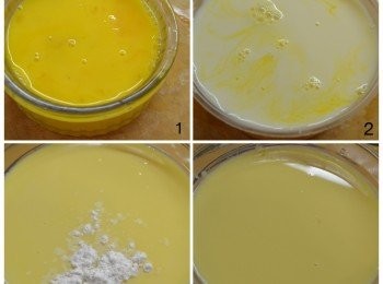 step2: 將雞蛋打入碗中，加入無糖豆漿、粟粉、鹽一起拌勻。（蛋和豆漿比例為1：1.5，即是一碗蛋漿加入1碗半豆漿。）