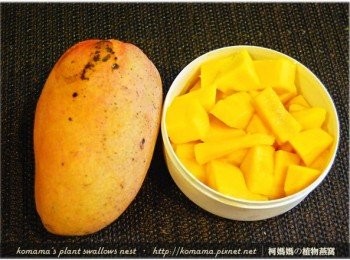 step2: 芒果削皮去籽後，將芒果肉切成塊狀，放置於保鮮盒中。