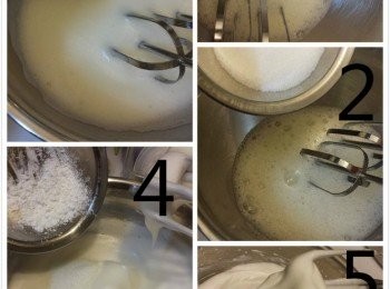 step5: 準備蛋白霜，用低速把蛋白打起大泡泡(1), 加入1/3糖(2)用中速打至細泡泡再加入第2份糖(3)，再用高速打至有紋路，再加入最後一份糖和5g粟粉(4)打至硬性蛋白霜(5)...最後用低速慢慢轉圈5次打，消除大泡，蛋白更細膩，蛋白霜靜止2分鐘備用