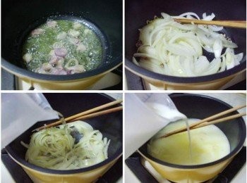 step2: 取一適合鍋子ˊ放入無鹽奶油ˊ用中小火讓其溶化ˊ 然後放入紅蔥頭炒出香氣ˊ再加入蒜白及洋蔥炒出甜味ˊ 然後依序加入水和鮮奶各300cc煮滾