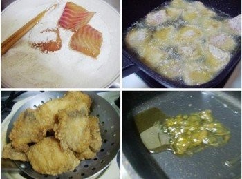 step2: 將醃漬入味的魚肉裹上蕃薯粉ˊ靜置一下ˊ 熱油鍋將魚酥炸至表面金黃ˊ然後盛起瀝除多餘油脂ˊ 用原鍋加入香橙果醬和水果醋各3大匙ˊ小火加熱