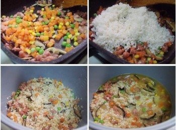 step3: 接著加入三色蔬菜略為拌炒ˊ再加入白米和所有<span class="group_2">調味</span> 拌炒均勻ˊ然後將處理好的所有食材倒入電子鍋內鍋中ˊ 並加入2米杯水