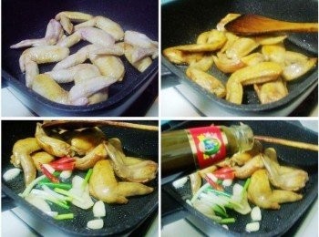 step2: 熱鍋後不用放油ˊ直接將醃漬入味的雞翅平今均放於鍋中ˊ 將雞翅雙面拌炒上色ˊ再加入辣椒1根ˊ蔥1根ˊ蒜頭8瓣ˊ 一起炒香ˊ接著加入所有<span class="group_3">調味</span>和少許水一起煮滾