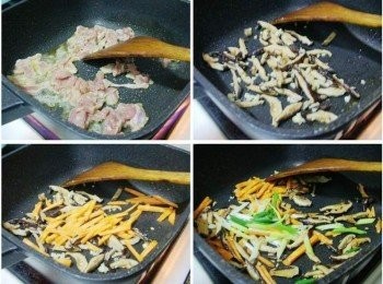 step3: 鍋內加入油2大匙燒熱ˊ先拌炒肉絲至7~8分熟ˊ 盛起ˊ用原鍋炒香菇蒜末ˊ依續再炒香紅蘿蔔和蔥段