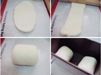 step2: 接著將鬆弛好的麵團桿平成長橢圓狀ˊ然後 順勢翻面將左右兩邊往中間折ˊ再桿平ˊ接著慢慢由上往下捲起成圓筒狀ˊ 收口處記得捏緊ˊ光滑面朝上ˊ收口處朝下ˊ 然後分別擺於烤模兩邊。 麵團表面噴點水ˊ放溫暖處進行最後發酵