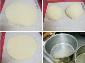 step2: 取出完成第一次發酵的麵團ˊ輕拍壓出多餘空氣 ˊ 接著將麵團分割成2等份 ˊ 滾圓ˊ 用保鮮模或適合容器覆蓋再鬆弛15~20分鐘。 接著將鬆弛好的麵團桿平成圓片狀ˊ 烘烤容器事先用份量外奶油塗抹(方便完成後脫模)