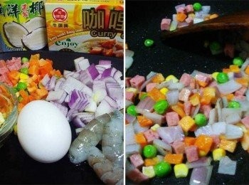 step6: <span class="group_3">餡料B</span>中的紫洋蔥丁2大匙ˊ火腿丁2大匙ˊ三色蔬菜2大匙ˊ 洗淨處理好ˊ鍋內放少許油略為拌炒後放涼備用