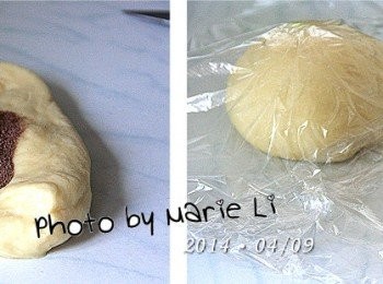 step1: (Panasonic SD-BMS105T Mode14 麵包麵糰模式)

首先將材料 (1)~(6) 全放進麵包機容器中
酵母粉置於麵包機的酵母容器中
選擇模式為 Mode14 《麵包麵糰》模式
讓機器跑完全程，約一個小時左右。

取出麵糰分割成兩份
將切割出的其中一份加入可可粉
放進容器裡再以 Mode14 打十分鐘左右
大約就是麵包機傳來落下酵母的聲響時
就可以取出變成巧克力色澤的麵糰
以濕布或保鮮膜覆蓋靜置約三十分鐘左右‧‧‧