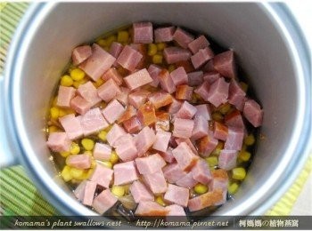 step6: 把火腿丁隨意的灑放在最上層後，即可按下啟動鍵。