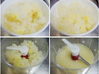 step2: 不需太長時間ˊ幾分鐘即可軟化變大ˊ 然後將根部蒂去除ˊ搭配100cc的水ˊ 用調理機或方便工具攪打成細泥狀ˊ (如果希望吃起來有口感就不需打太細)