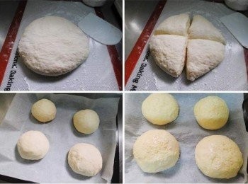 step2: 然後工作板灑上酌量高筋麵粉(配方份量外)ˊ 用刮板刮下完成發酵的麵團ˊ輕拍壓出多餘空氣後ˊ 分成4等份ˊ切口朝下ˊ一一滾圓ˊ麵團表面噴點水ˊ放溫暖處進行最後發酵ˊ (發酵時間不一定ˊ可肉眼觀察ˊ當麵團約變為原來1倍大即可ˊ) 然後將蛋大散ˊ用刷子薄刷上一層蛋液ˊ再灑上少許白芝麻