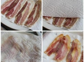 step1: 盤子上放培根肉片, 培根上下鋪上廚房紙巾, 微波1分鐘, 或至8分熟後, 切成細末備用
