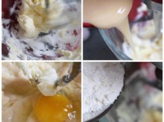 step1: 室溫奶油與糖, 鹽巴放入攪拌器, 打發至乳黃色. 加入煉奶拌勻. 再分次加入雞蛋. 即完成濕性材料