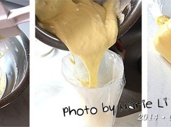 step5: 製作好的麵糊倒進三明治袋中
綁好開口，於尾部尖端處剪一小口即可使用