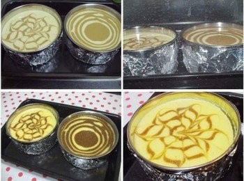 step5: 8.烤盤加入約2/1量的熱開水ˊ先以180度C預熱烤箱ˊ 起士分離模外面包上2層錫箔紙ˊ放烤盤上用隔水蒸烤方式ˊ 180度c烘烤10分鐘ˊ然後將爐溫調到160度C繼續烘烤30~35分鐘即可 烤好後取出(還不要脫模)完全涼透後ˊ覆蓋上保鮮模ˊ 放冰箱冷藏3~4小時後ˊ用扁平工具延著烤模劃一圈即可脫模享用囉。