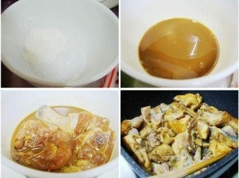 step2: 取浸泡雞肉<span class="group_2">調味</span>醬汁約100cc加上玉米粉1茶匙拌勻ˊ 然後將醃漬入味的雞肉再次移入沾裹ˊ 然後熱鍋加入1大匙油ˊ將沾裹上含有玉米粉醬液的雞肉一一擺入ˊ 煎炒至表面焦香。