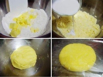 step2: 將麵粉ˊ糖ˊ鹽ˊ略為拌勻ˊ奶油切小塊ˊ用手抓捏混合成小米粒狀ˊ 然後加入椰奶拌勻成團狀ˊ(成團即可ˊ不用過度揉搓)這樣才會有酥層效果) 接著用袋子密封ˊ放冷藏15~20鐘以方便操作