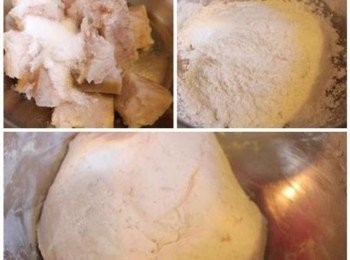 step1: 芋頭切塊, 用水煮熟後, 取300g芋頭, 撈起後, 拌入砂糖, 壓成泥. 加入糯米粉. 先加3/4的粉量, 再適麵糰濕度, 酌量調整續加的粉. 直到麵糰揉到不沾手即可