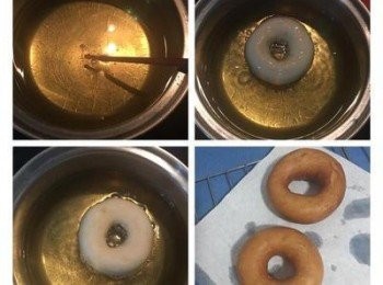 step9: 深鍋中放油，加熱到150度（筷子沾濕後插入油中會馬上產生如圖的小泡泡），小心的放入甜甜圈，麵團會下沈後馬上浮起且週圍會產生很多小泡泡，約5秒後，馬上翻面，接著維持中小火炸到向下的一面呈金黃色，再翻面ㄧ樣炸到金黃，即可起鍋放在吸油紙上，