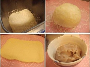 step1: 1.將麵團部份所有<span class="group_1">材料</span>ˊ放入麵包機以揉麵團程式完成麵團製作ˊ 然後直接於麵包機內完成第1次發酵ˊ 全程共1個半小時(如果沒有麵包機ˊ手揉也OK) 2:取出發酵完成的麵團ˊ拍壓出多餘空氣ˊ滾圓蓋上保鮮膜醒15~20分鐘ˊ 3.將鬆弛好的麵團桿平ˊ整成長方型 4.將芋頭泥準備好
