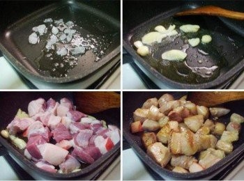 step2: 熱鍋ˊ用少許油溶化冰糖ˊ然後依序炒香薑片和蒜頭ˊ 接著加入五花肉炒至金黃焦香