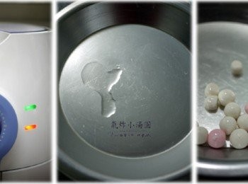 step1: 1.氣炸鍋預熱3分鐘 2.鐵盤上倒入一些些油後 3.把小湯圓放在上面左右搖晃，讓它表面沾上些油