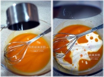 step2: 蛋黃打散、加油拌勻；加牛奶、拌勻