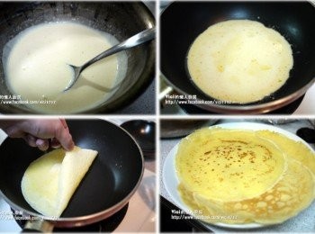 step2: 1.平底鍋不要沾油，取適量的麵糊倒入後，直接乾煎。厚薄可隨自己喜愛調整，個人建議薄比較好吃。2.煎至可用手拉起，再翻面煎至呈金黃焦紋即可