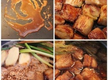 step2: 乾鍋加熱, 先炒糖, 至咖啡色且開始冒泡泡, 加入五花肉翻炒