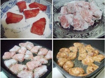 step2: 步驟2準備酌量地瓜粉ˊ將醃漬好的魚片均勻裹上ˊ然後稍為靜置一下ˊ (這樣在下鍋炸時粉才不會容易掉落)ˊ接著準備一適合鍋具ˊ 加入酌量的油ˊ將兩面煎炸至金黃上色ˊ然後先盛起瀝除多餘油脂