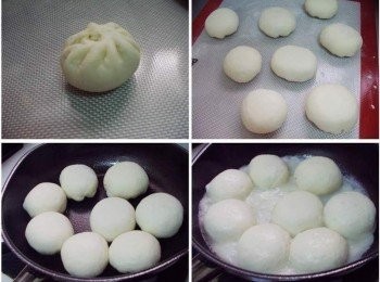 step4: 可以包成包子樣ˊ也可依習慣包餡成圓球狀即可ˊ 一一完成後ˊ略再靜置發酵個5分鐘ˊ 然後準備平底煎鍋ˊ將完成包子擺入ˊ 加入略蓋過包子1/2的麵粉水煮沸